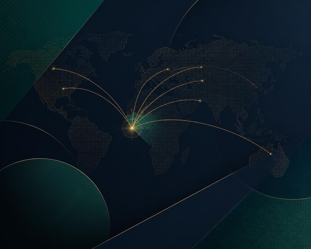 Abstract map showing lawful migration pathways from Nigeria to Europe, North America and Oceania